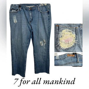 7 for all mankind woman sz 22 blue distressed cropped,floral embroidery,fray hem